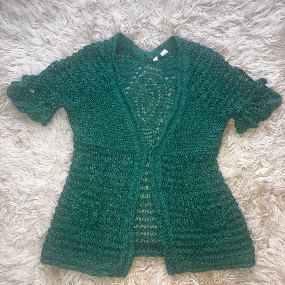 Lovely Moth Emerald Green Linen Crochet Cardigan